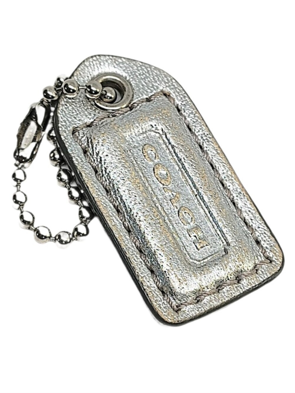 🩶 Y2K 1.5" Coach Metallic Silver Leather Hangtag Bag Fob Keychain Purse Charm